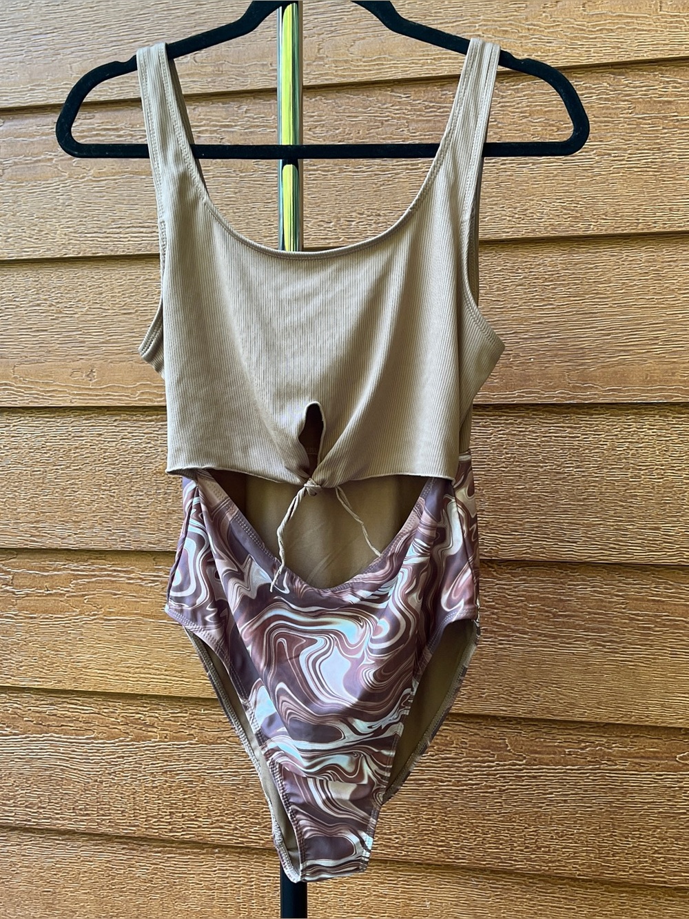 Refuge Cutout One-Piece Swimsuit Brown Marble Festival Rave Women Large